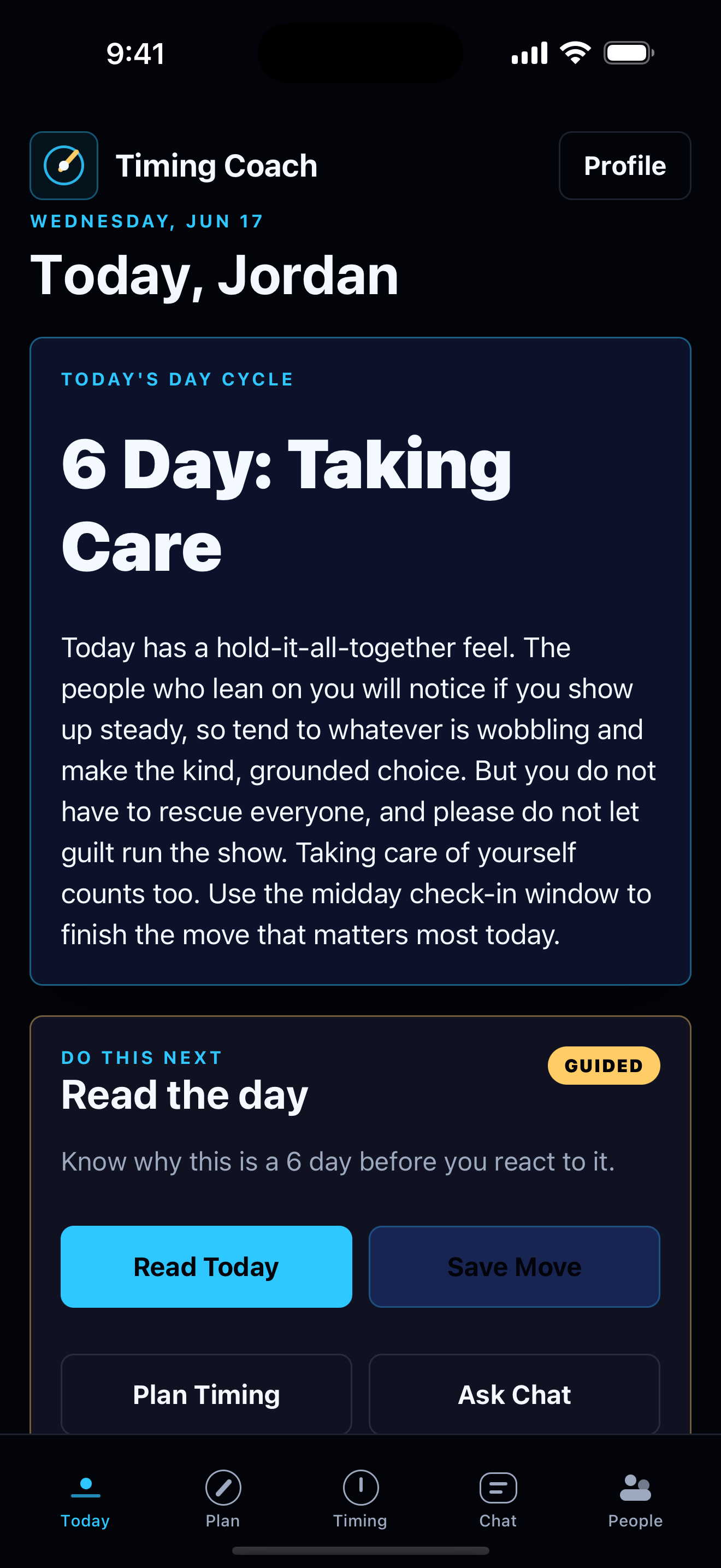 Timing Coach iPhone daily guidance interface